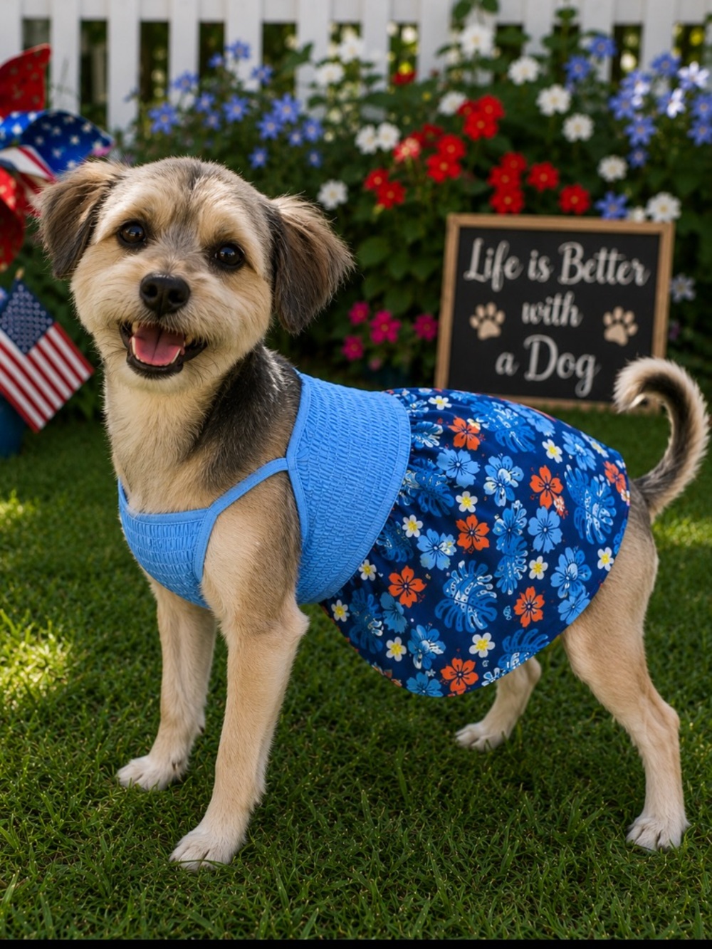 🦋🎯 WOOF Tropical Dog Dress Blue Floral Hawaiian Summer Pet Sundress NWT Sml
